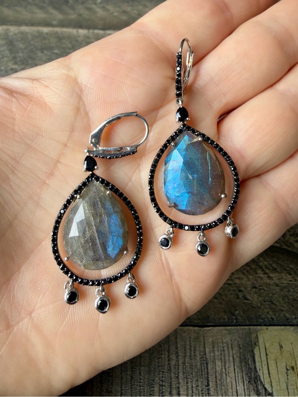 Faceted Labradorite and Pave Crystal Earrings